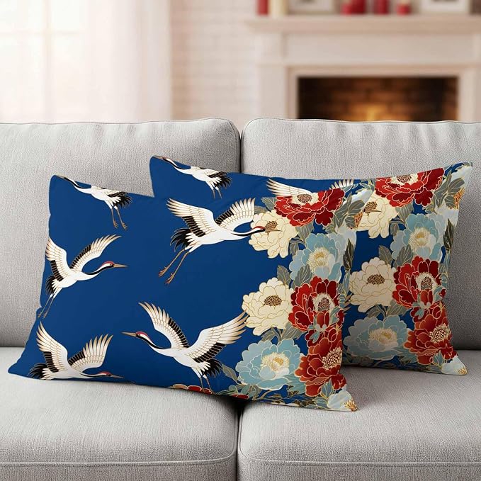 Japanese Style Outdoor Pillow Covers 20x12 Inch Lumbar Pillow Covers Set of 2 Waterproof Decorative Throw Pillow Cases Blue Rustic Botanical Blossom Peony Birds Cushion Covers for Patio Furniture