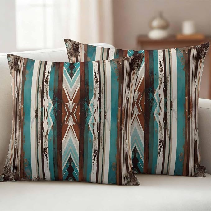 Ethnic Tribal Stripes Outdoor Pillow Covers 18"x18" Set of 2, Retro Vintage Geometric Teal Brown Stripes Waterproof Throw Pillow Covers for Patio Furniture, Decorative Cushion Covers for Porch