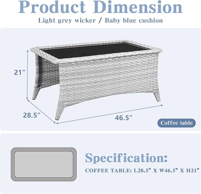 Belord Outdoor Coffee Table with Tempered Glass Top, Patio Rectangular Light Grey Wicker Table, Handwoven Rattan Coffee Table Compatible with Patio Furniture Sets for Porch Deck Backyard