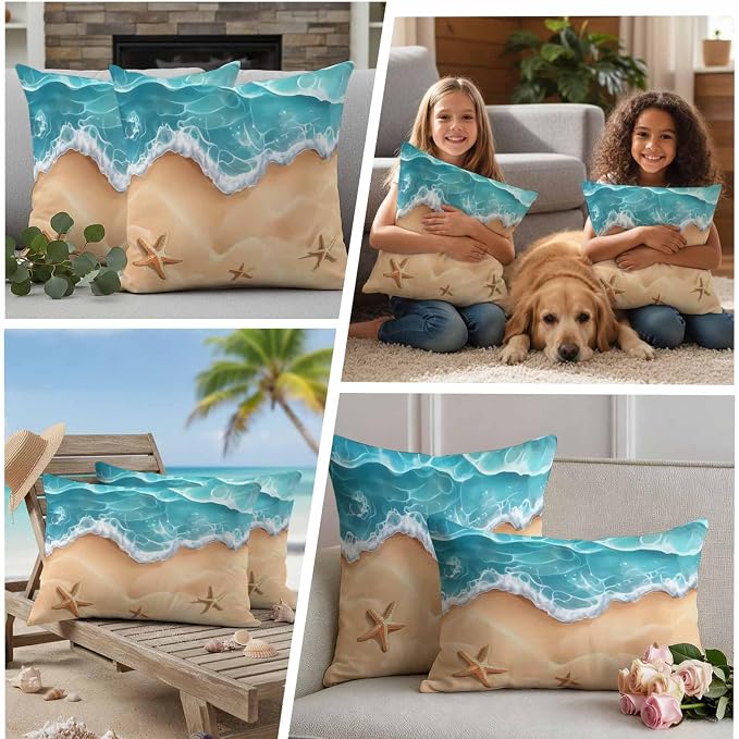 Ocean Beach Waterproof Outdoor Pillow Covers Set of 2 Home Decor, Starfish Sea Waves Coastal Seaside Sand Pillowcase Patio Pillow Covers for Couch Bench Furniture Garden 26x26in