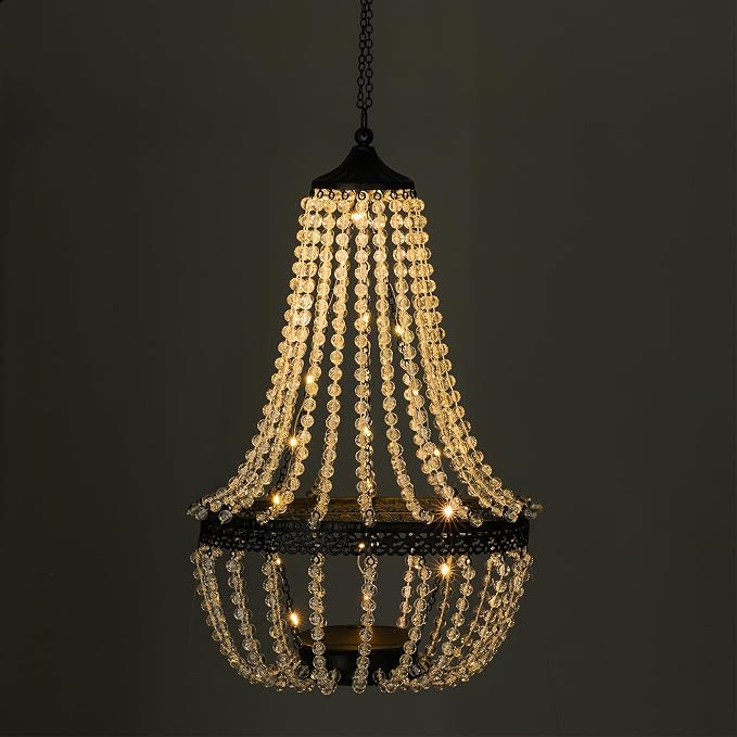 Hanging Solar Lantern Outdoor, 28” Modern Clear Crystal Acrylic Chandelier with 30 Warm White Lights S Hook for Garden, Yard, Patio, Gazebo Decorations