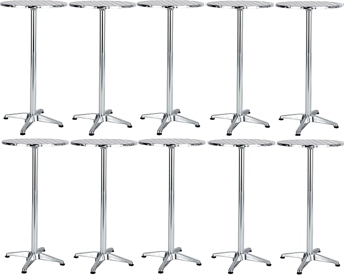 BTEXPERT Set of 10 Commercial 45-Inch Bar Height Round Patio Tables – 23.75" Diameter Aluminum Flip Top Tables with 25.75" Base – Indoor Outdoor Stainless Steel Silver Restaurant Furniture