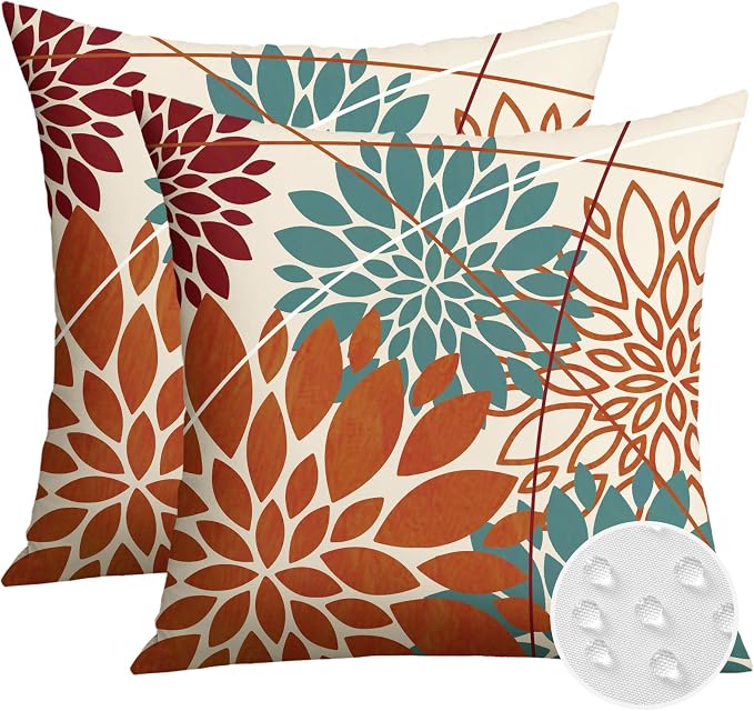 OTOSTAR Outdoor Orange Cyan Pillow Covers 20x20 Inch Set of 2 Red Flower Throw Pillows Farmhouse Geometric Dahlia Floral Square Cushion Case Waterproof Decor for Sofa Patio Funiture Garden