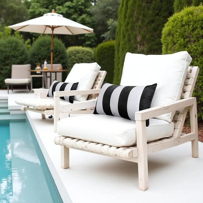12x20 Waterproof Outdoor Pillows, Set of 2 Outdoor Lumbar Pillows | Patio Furniture Pillows, Decorative Throw Pillows, Waterproof & Fade Resistant, Removable & Washable, Black and White