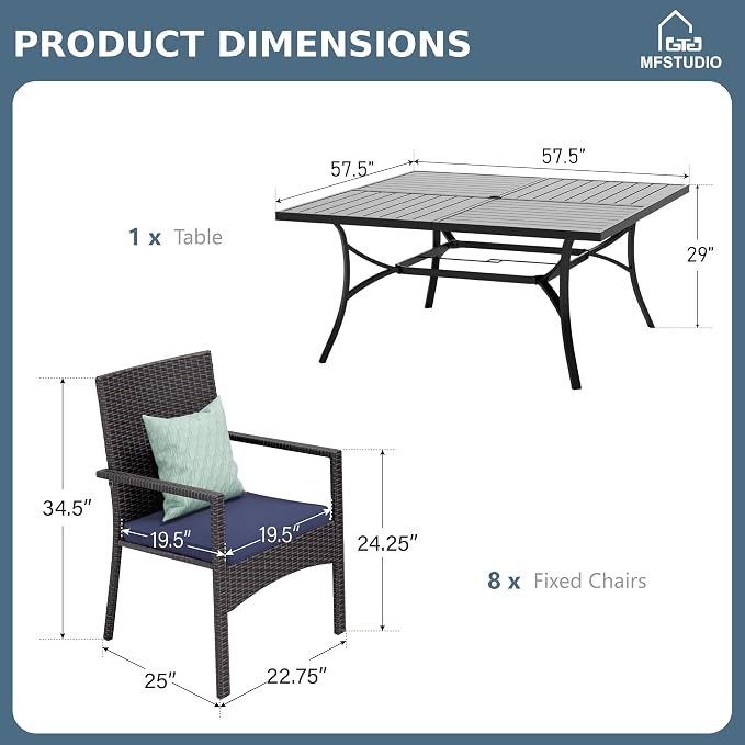 MFSTUDIO 9 Pieces Outdoor Dining Set for 8, 57" Square Table & Wicker Chairs with Cushions, Durable Patio Dining Furniture Set for Deck, Large E-Coated Metal Dining Table for 8