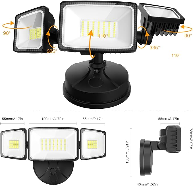 Onforu 75W Flood Lights Outdoor, 7000LM Brightness Security Lights Switch Controlled, 3 Adjustable Heads, IP65 Waterproof, 6500K Wall Mount Exterior LED Flood Light