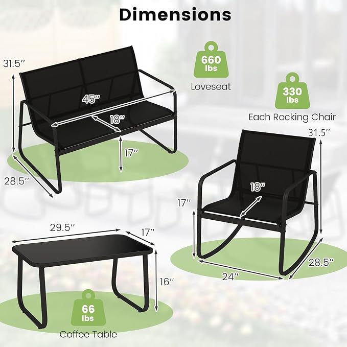 HAPPYGRILL 4 Piece Patio Rocking Bistro Set with 2 Rocking Chairs, Loveseat & Coffee Table, Outdoor Conversation Furniture Set for Garden Poolside Balcony (1)