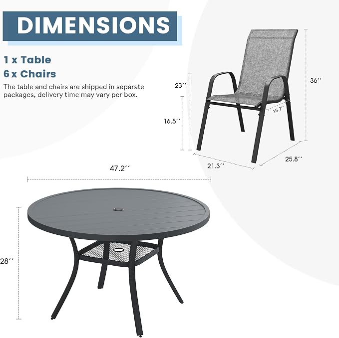 DIFY 7 Piece Outdoor Dining Set, 48" Round Metal Patio Table and Textilene Stackable Chairs for 6, All Weather Patio Furniture Set with Umbrella Hole for Backyard Garden Deck, Grey