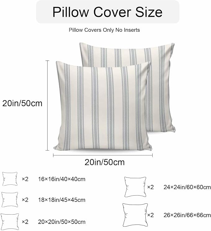 Throw Pillow Covers 18x18 Inch Set of 2, Blue Striped Waterproof Outdoor Cushion Covers, Modern Stripes Farmhouse Decorative Pillowcases for Couch, Sofa, Bed, Garden, Patio