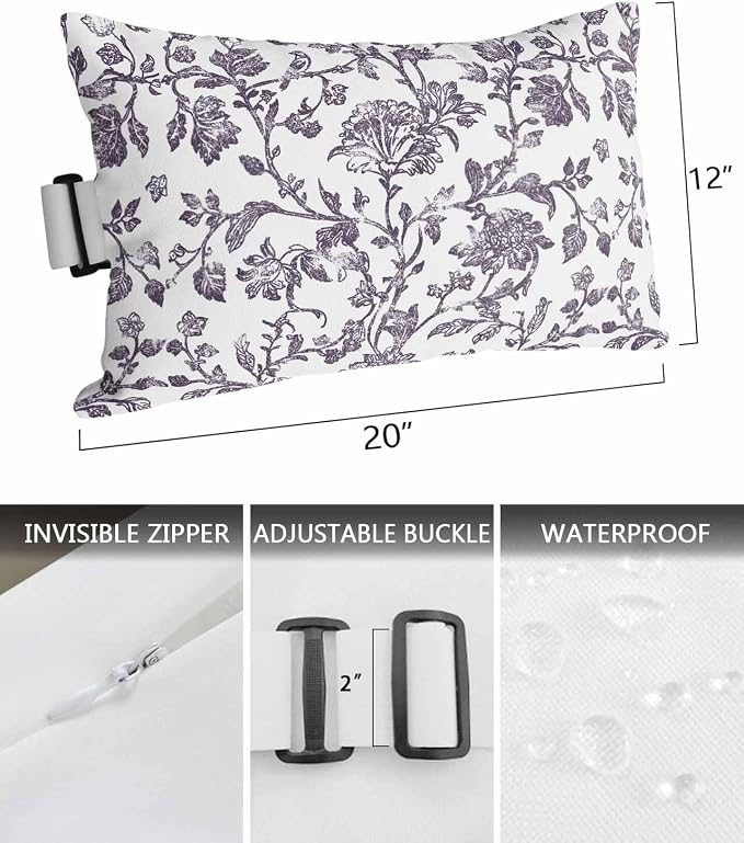 Pack of 4 Outdoor Lumbar Pillow Covers 12x20 Inch, Purple Flower Waterproof Throw Pillow Covers Set, Vintage Farmhouse Boho Leaf Spring Plant Indoor&Outdoor Cushion Cases for Patio Porch Beach