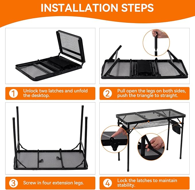 3Ft Foldable Grill Table for Camping, Portable Metal Mesh BBQTable with Dual Side Storage Bags, Lightweight Folding Outdoor Cooking Table for Picnic, RV Travel, Beach & Backyard BBQ