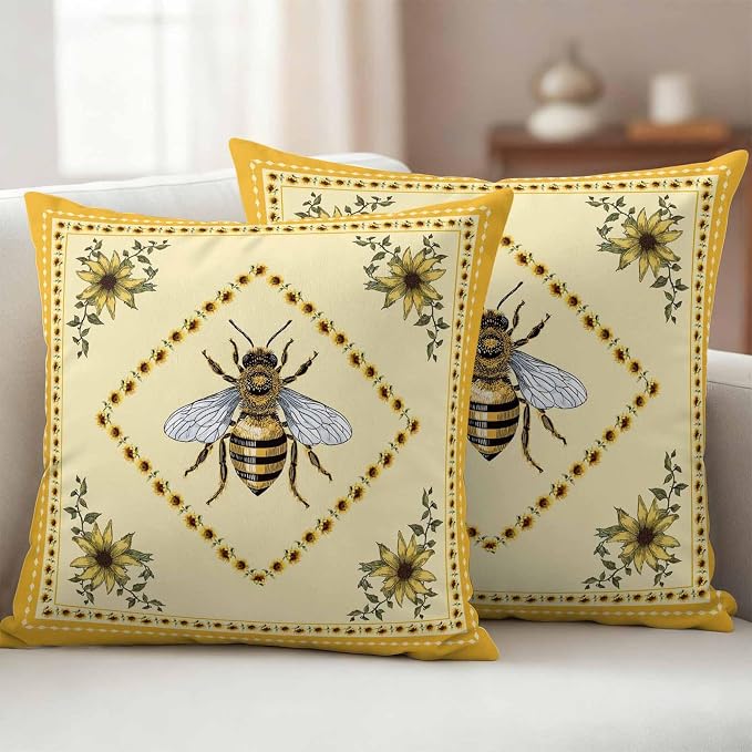 Sunflowers and Bee Outdoor Pillow Covers Set of 2, Farmhouse Retro Floral Decorative Waterproof Throw Pillow Case, Animal Honeybee Cushion Pillowcases for Couch Garden Patio 20x20In