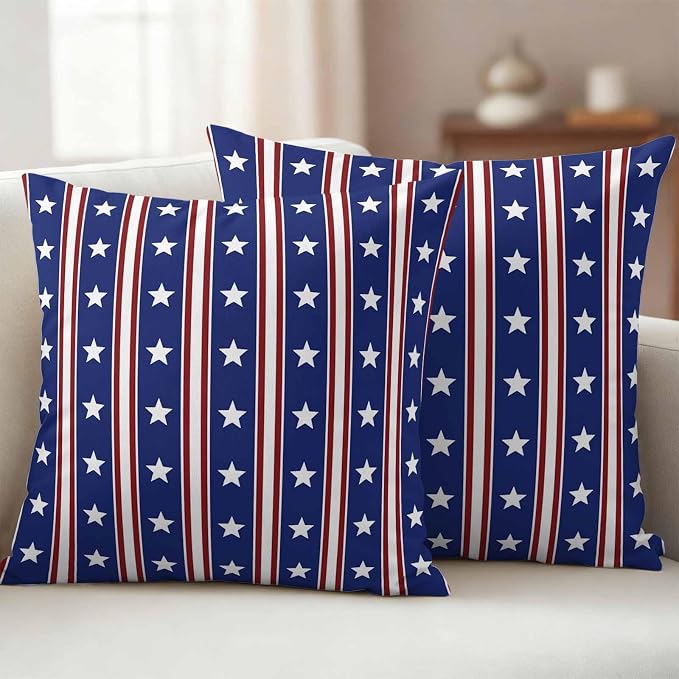 Blue Red Outdoor Pillow Covers 26"x26" Set of 2, Waterproof Throw Pillow Covers for Patio Furniture, Stripes Patirotic Star Independence Day Decorative Cushion Covers for Porch