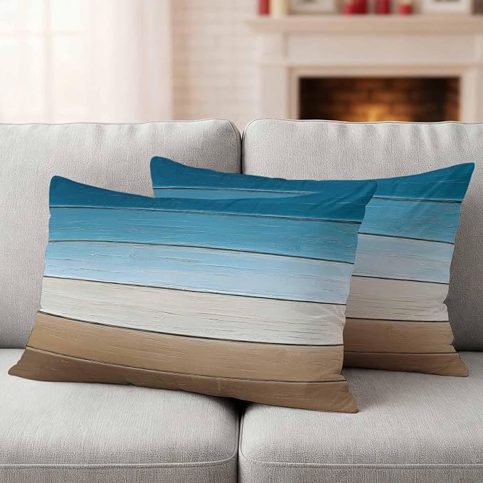 Blue Beige Brown Outdoor Pillow Covers 20x12 Inch Lumbar Pillow Covers Set of 2 Waterproof Decorative Throw Pillow Cases Country Retro Gradient Wooden Grain Cushion Covers for Patio Furniture Garden