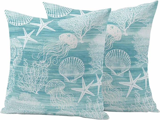 Teal Coastal Outdoor Waterproof Throw Pillow Covers Set of 2, 20"x20", Nautical Starfish Jellyfish Coral Summer Decorative Pillow Covers Outside Cushion Case for Patio Porch Garden