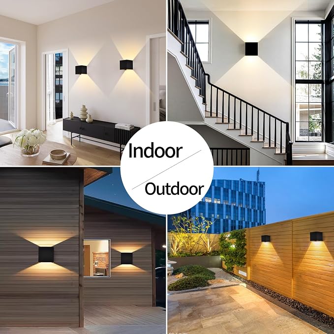 Mille Lucciole 12W 4Pack Outdoor Wall Lights Exterior/Interior,LED Black Outdoor Wall Sconces Light Fixtures Modern,IP65 Waterproof Square Aluminum Wall Lamps, Up and Down Lights 6500K Cold Lights