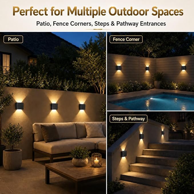 T-SUN Solar Wall Lights Outdoor 6 Pack, 3000K Up Down Solar Wall Sconce | IP65 Waterproof Decorative Accent Lights for Front Porch, Garage Wall, Back Patio, Fence Corner, Pathway Entry