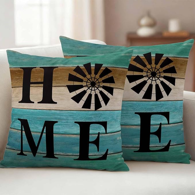 Outdoor Pillow Covers Set of 2, Home Farm Retro Wood Board Decorative Throw Pillow Covers 16X16IN, Teal Gradient Wooden Throw Pillows Protector Cushion Case for Patio,Couch,Sofa,Garden