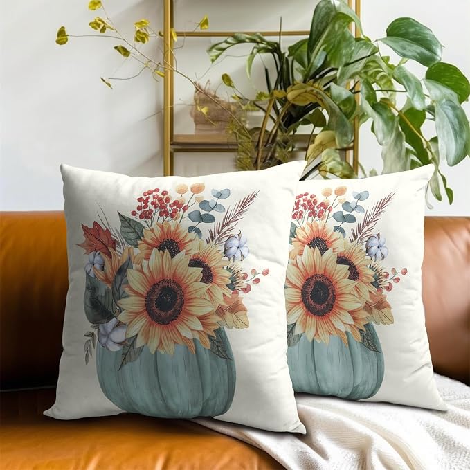 Fall Sunflower Pillow Cover Set of 2, 22x22 Inch Autumn Pumpkin Floral Leaves Harvest Seasonal Farmhouse Sofa Couch Cushion Case for Porch Patio Outdoor Indoor Home Decor