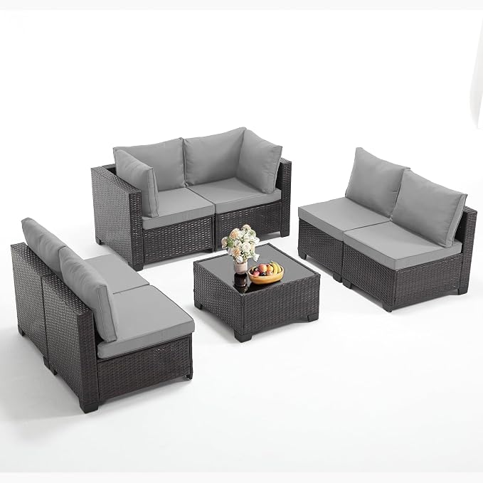 7-Piece Outdoor Patio Furniture Set, Light GreyPE Rattan Weaving Sofa with Light Grey Cushions and Steel Frame, Coffe Table Included, Outdoor Conversation Set