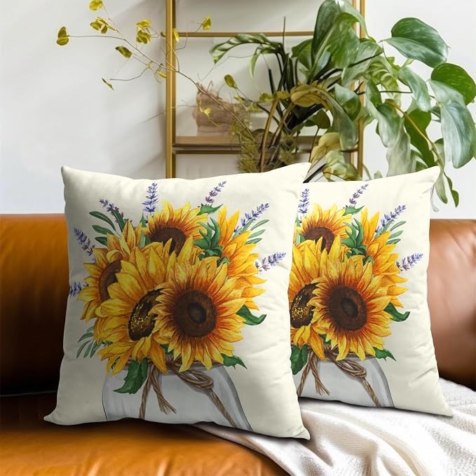 Sunflower Throw Pillows Covers 18 x 18 Inch - 2PCS Nature Summer Flower Vase Floral Decorative Square Pillowcases for Couch Sofa Bench Living Room Bedroom Decoration