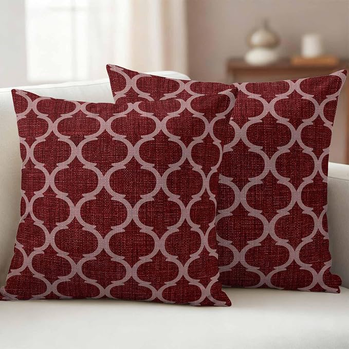 Deep Red Morocco Outdoor Pillow Covers 18x18 Inch Throw Pillow Covers Set of 2 Waterproof Decorative Pillow Cases Retro Farmhouse Quatrefoil Plaid Cushion Covers for Patio Furniture Garden Couch Sofa