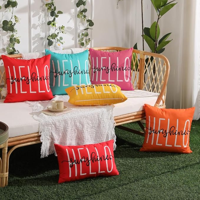 DFXSZ Hot Pink Outdoor Waterproof Pillow Covers 16x16 Set of 2 | Hello Sunshine Decor Spring Summer Polyester Pillow Covers(NO INSERTS)| Decor for Patio Funiture Garden Sofa Couch