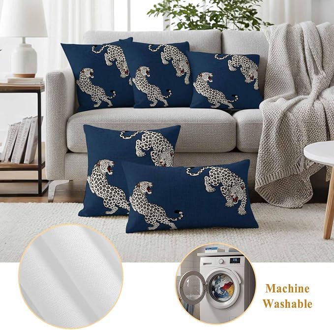 Vandarllin Outdoor Throw Pillows Covers 24x24 inch Set of 2 Waterproof Blue Leopard Decorative Zippered Cushion Covers for Patio Furniture, Bohemian Animal Print Lumbar Pillowcases