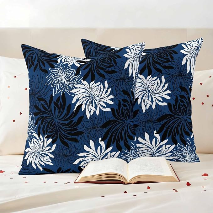 Yukro Blue Black Floral Outdoor Waterproof Pillow Covers Pack of 2, Vintage Blue White Black Flower Decorative Throw Pillowcases Cushion Covers for Garden Patio Tent Sofa Couch, 24x24 inch