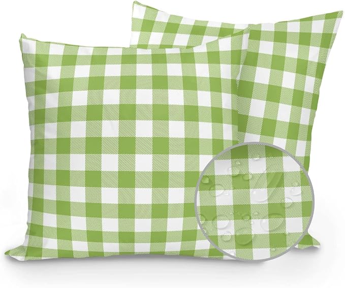Outdoor Waterproof Throw Pillows Green White Gingham Check Patio Pillows Pack of 2,Decorative Pillow Covers with Insert,Pillow Cushion Case for Indoor Garden Couch Sofa Pastoral Buffalo Plaid