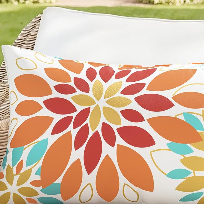 Floral Outdoor Pillow Covers Orange Yellow 16x16 Set of 2 | Waterproof Throw Pillow Cases Spring Decorative Summer Cushion Covers for Patio Furniture Garden Bench Porch Sofa