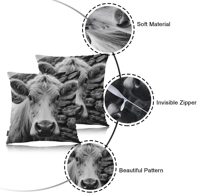 Swono Highland Cattle Pillow Covers, Farm Animal Cow Cattle Decorative Pillow Case Home Sofa Cushion Set, Pillow Cushion Cases for Bed/Patio/Garden/Balcony, 2-Pack 18x18 Inch, Black White