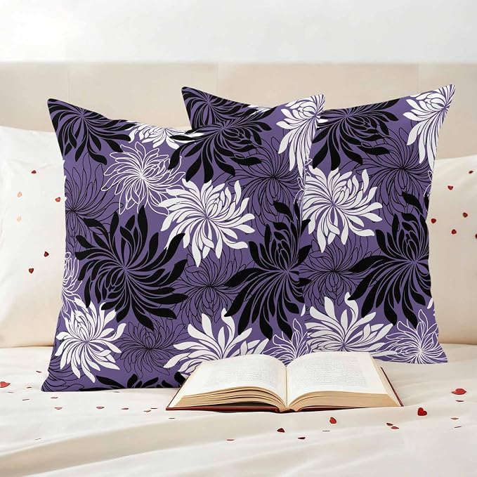 Yukro Purple Black Floral Outdoor Waterproof Pillow Covers Pack of 2, Vintage White Black Flower Purple Decorative Throw Pillowcases Cushion Covers for Garden Patio Tent Sofa Couch, 20x20 inch