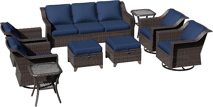 9 Pieces Patio Conversation Furniture Set - 1 Sofa, 2 Ottomans, 4 Swivel Chairs, 2 Side Tables, Outdoor Wicker Furniture with Removable Cushions for Porch, Balcony, Sunroom (Blue)