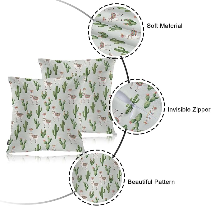 Swono Set of 2 Decorative Throw Pillow Covers Llama, Cute Alpaca Llama Cactus Flowers Farmhouse Pillowcases Accent Pillow Cushion Cover for Couch Sofa Bed Office Armchair 18 X 18 Inch
