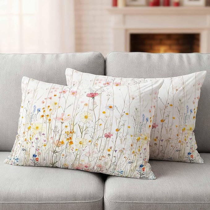 Vintage Flowers Waterproof Outdoor Pillow Covers 20''x12'' Set of 2, Botanical Patio Furniture Spring Cushion Covers for Chairs, Decorative Watercolor Wildflowers Pillow Cases for Garden/Pool/Beach