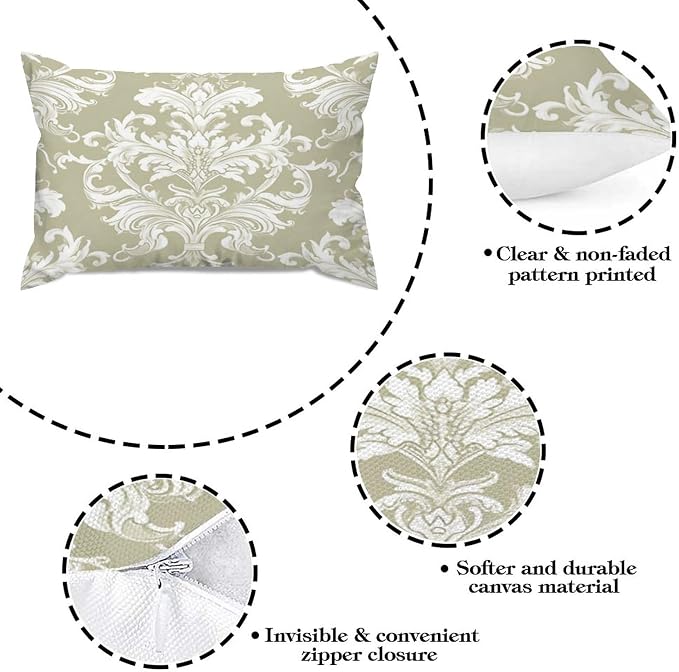 Set of 2 Tan Off Green White Damask Pattern Print Pillow Cases 12x18in Cushion Covers Farmhouse Pillows Covers for Couch Living Room Office Soft Rectangle Accent Pillowcase for Kids