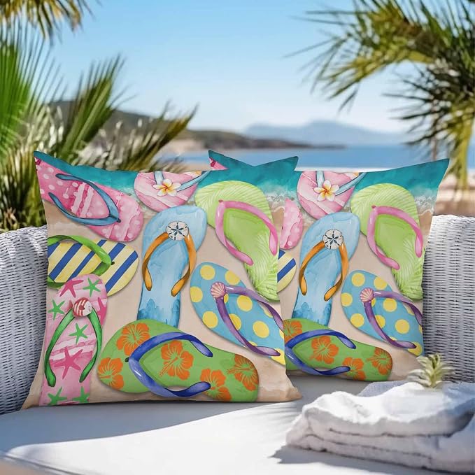 Vandarllin Outdoor Throw Pillows Covers 26x26 inch Set of 2 Waterproof Flip-Flops Decorative Zippered Cushion Covers for Patio Furniture, Summer Sandy Beach Lumbar Pillowcases