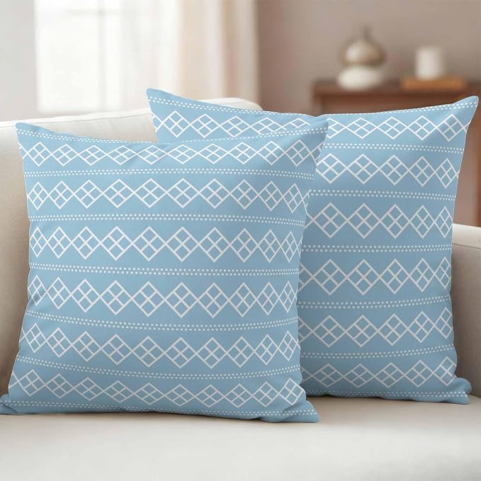 Blue Boho Outdoor Pillow Covers 20x20 Inch Throw Pillow Covers Set of 2 Waterproof Decorative Pillow Cases Vintage Ethnic Tribe Abstract Art Geometric Cushion Covers for Patio Furniture Garden Couch