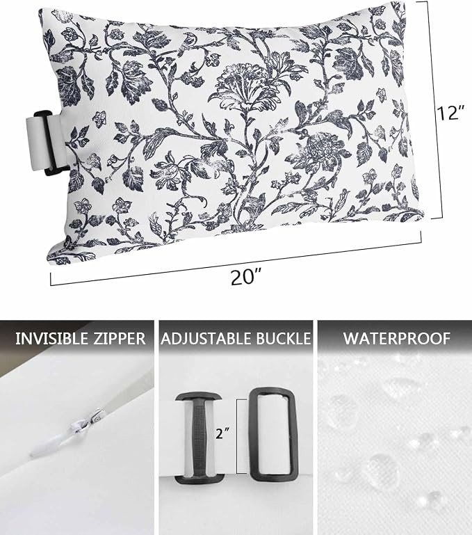 Pack of 4 Outdoor Lumbar Pillow Covers 12x20 Inch, Dark Blue Flowers Waterproof Throw Pillow Covers Set, Pastoral Vintage Farmhouse Leaf Spring Indoor&Outdoor Cushion Cases for Patio Porch Beach