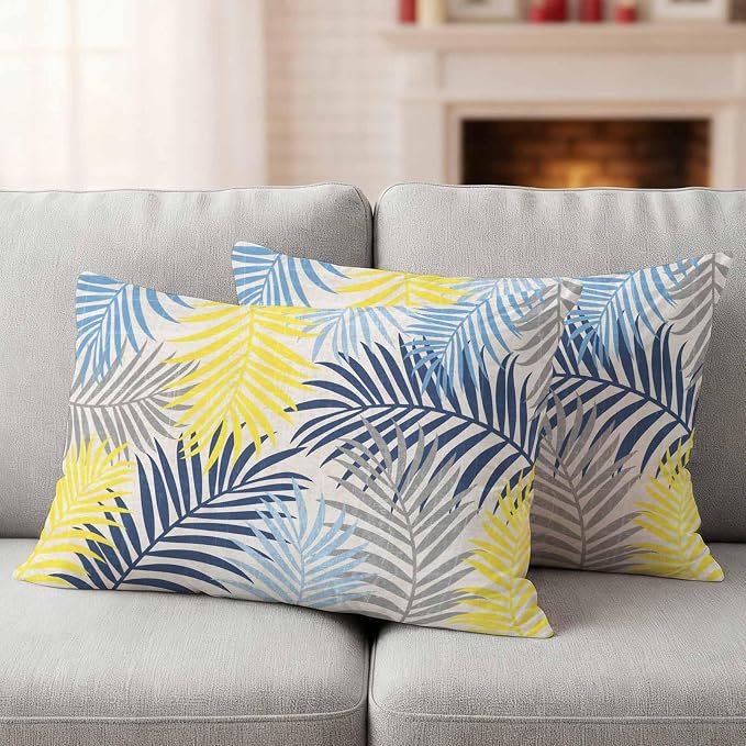 Outdoor Waterproof Throw Pillow Covers, Blue Yellow Grey Palm Leaves Decorative Pillow Cases, Summer Botanical Tropical Leaf Couch Pillow Protector Patio Sofa Cushion Covers Replacement 20"x12" 2 Pack