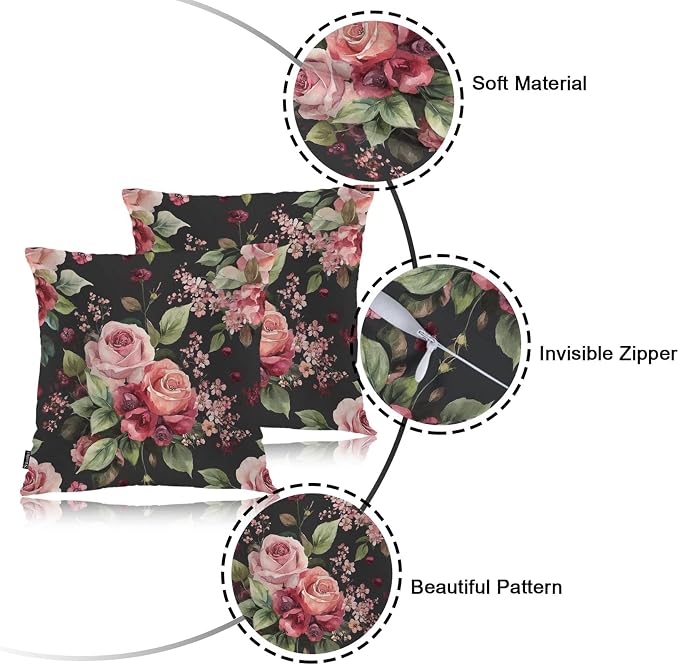 Swono Rose Throws Pillows Covers for Couch, Retro Blossom Rose Flowers Decorative Pillow Cases for Men Women, Comfortable Pillow Cushion Cover Pack of 2 18"X18" for Home Sofa Bed, Black Red