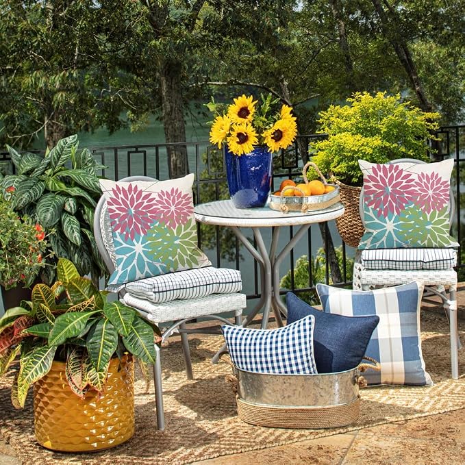 DFXSZ Pack of 2 Outdoor Waterproof Throw Pillow Covers 20x20 Pink Blue | Polyester Colorful Spring Summer Floral Decorative Cushion Cases(NO INSERT),For Couch Patio Funiture Garden Home Decor