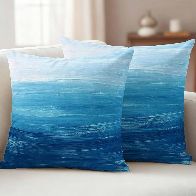Outdoor Waterproof Throw Pillow Covers, Sky Blue Coastal Decorative Pillow Cases, Nautical Modern Ocean Wave Couch Pillow Protector Patio Sofa Cushion Covers Replacement 16"x16" 2 Pack