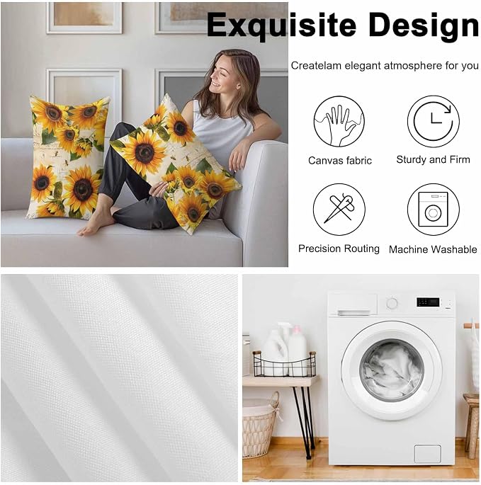 Lumbar Pillow Covers 20x12 Inch Set of 2, Yellow Sunflowers Waterproof Outdoor Cushion Covers, Country Vintage Botanical Floral Decorative Pillowcases for Couch, Sofa, Bed, Garden, Patio