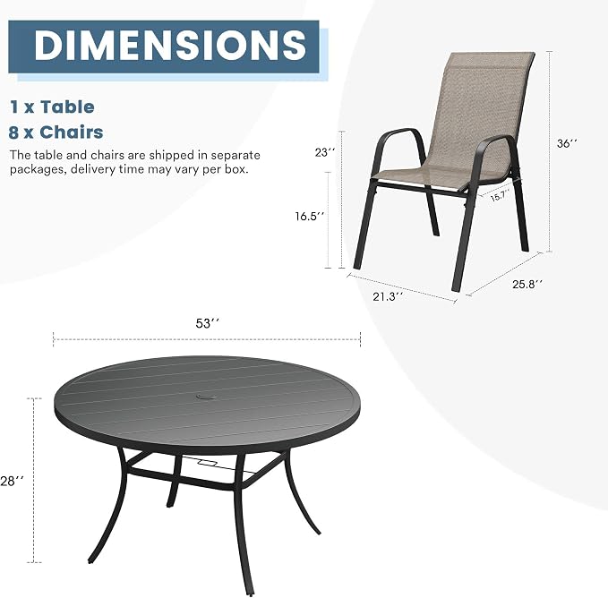 DIFY 9 Piece Outdoor Dining Set, 53" Black Round Metal Patio Table and Brown Textilene Stackable Chairs for 8, All Weather Patio Furniture Set with Umbrella Hole for Backyard Garden Deck