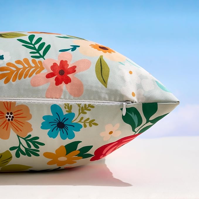 Summer Floral Outdoor Pillow Covers Waterproof Decorative Green Pillow Covers Accent Square Couch Covers Garden Farmhouse Throw Cushion Cases 20x20 Inch Set of 2 for Patio Tent Balcony Bench Sofa