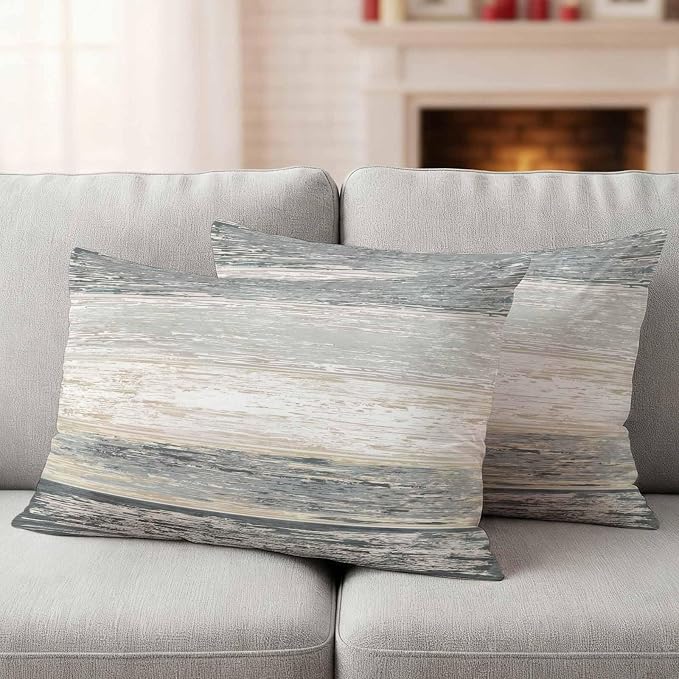 Outdoor Waterproof Throw Pillow Covers, Vintage Black Grey Decorative Pillow Cases, Farmhouse Barn Wooden Striped Couch Pillow Protector Patio Sofa Cushion Covers Replacement 20"x12" 2 Pack