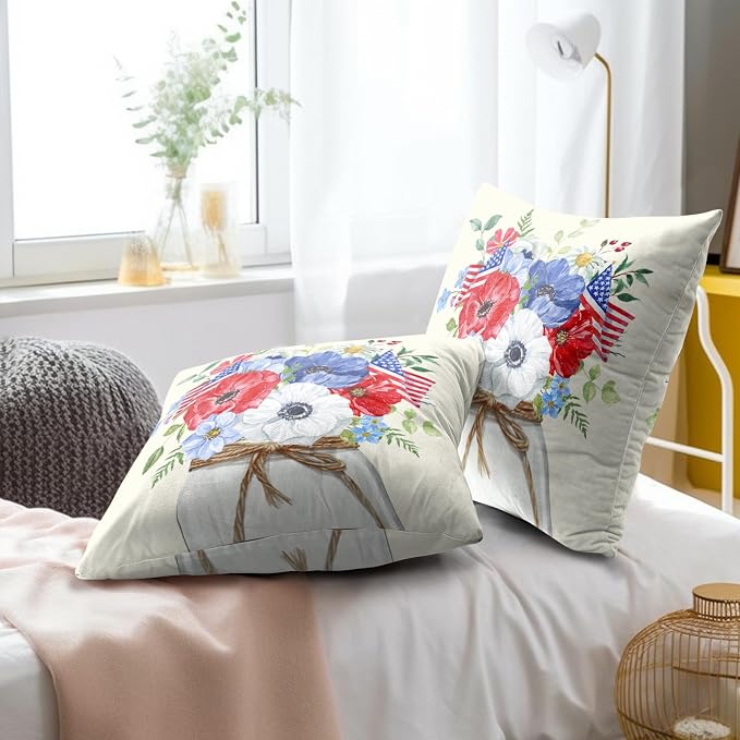 4th of July Flowers Pillow Covers 20x20 Inch, 2Pcs Blue Red Poppies with American Flag Pillow Case Independence Memorial Day Decorative Cushion Cover for Sofa Bed Couch