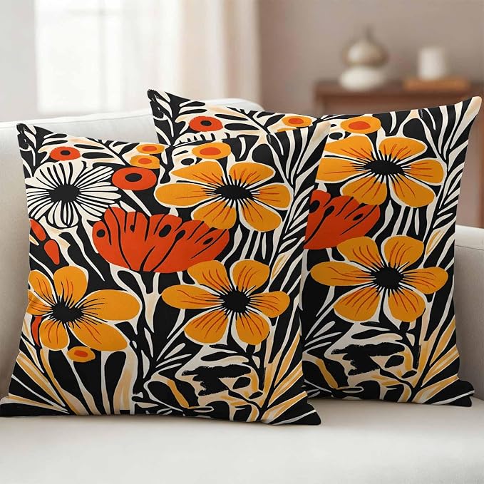 Orange Yellow Black Botanical Outdoor Pillow Covers 26x26 Inch Throw Pillow Covers Set of 2 Waterproof Decorative Pillow Cases Modernism Spring Floral Cushion Covers for Patio Furniture Garden Couch